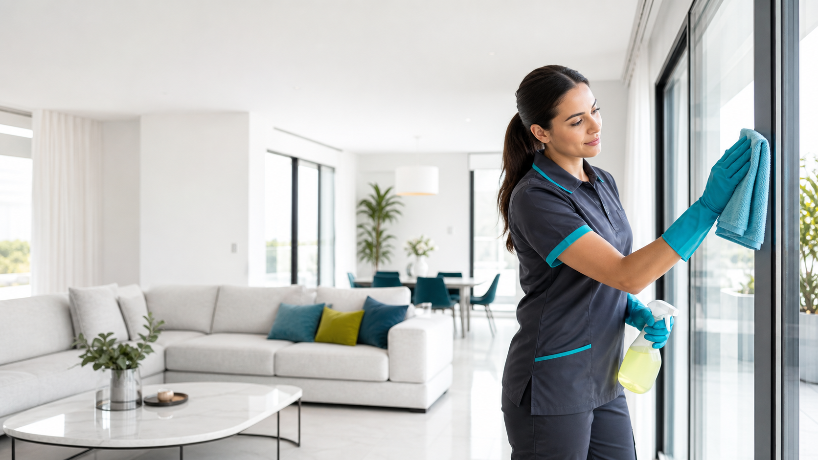 Professionnelle ChronoClean nettoyant une baie vitree dans un interieur lumineux